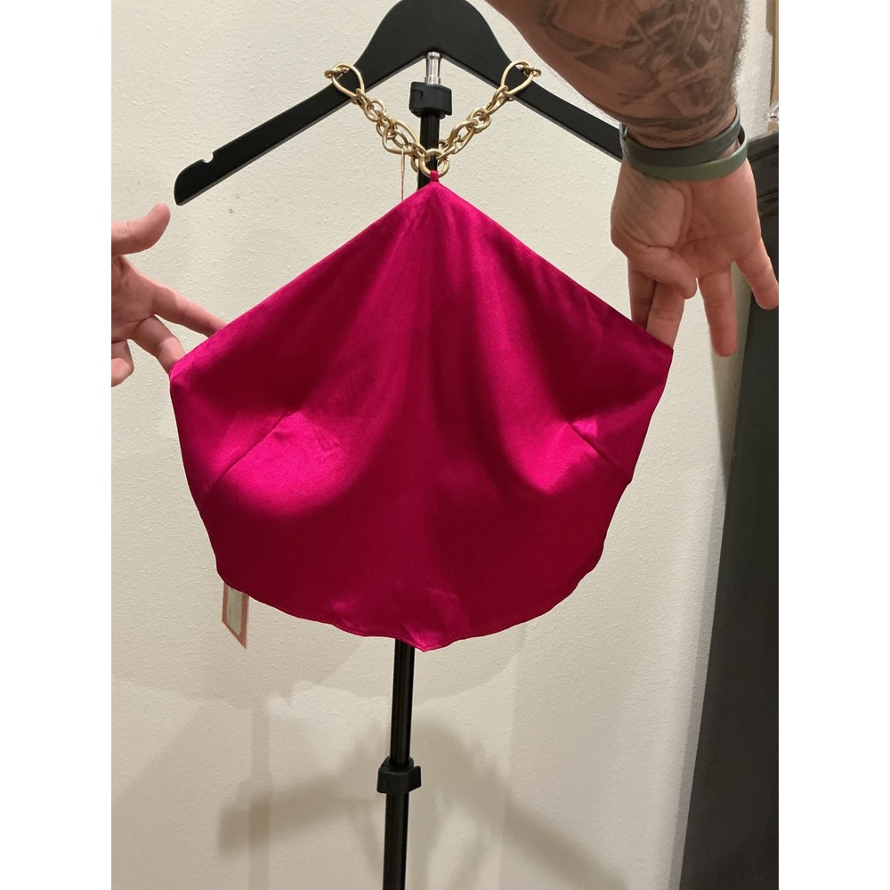 Cult Gaia Olivine Top Bloom Pink Silk Gold Chain Halter Neck Backless Small NEW